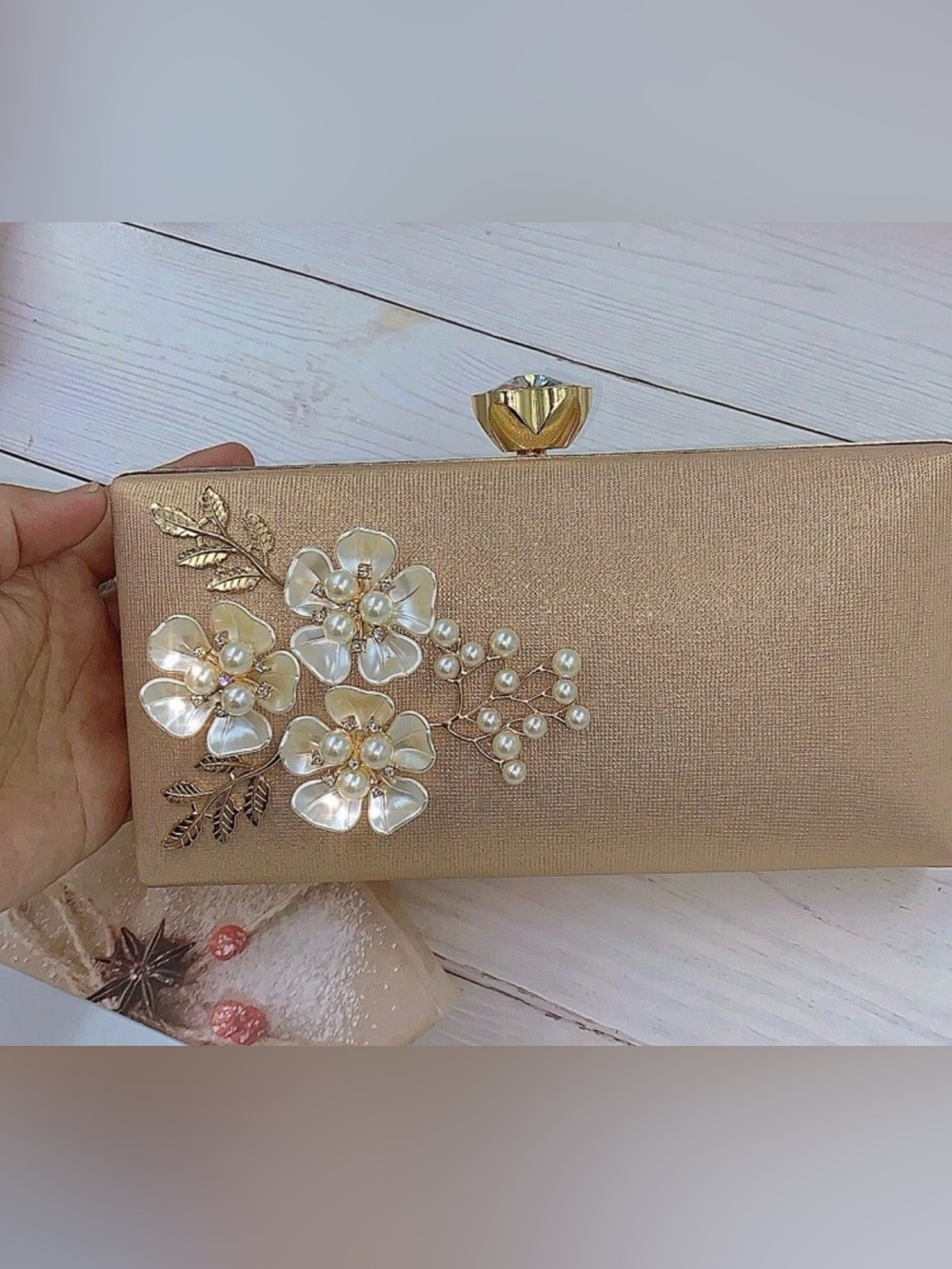 Gold Floral Pearl Embellished Women's Clutch